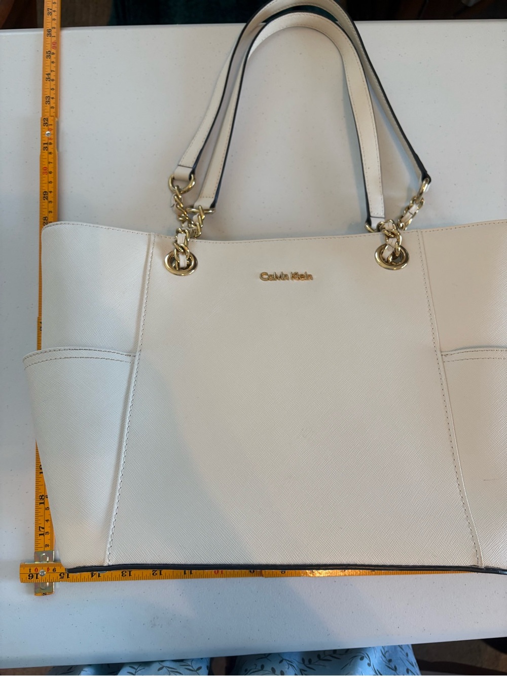 Calvin Klein Cream Saffiano Tote with Gold Chain Handles